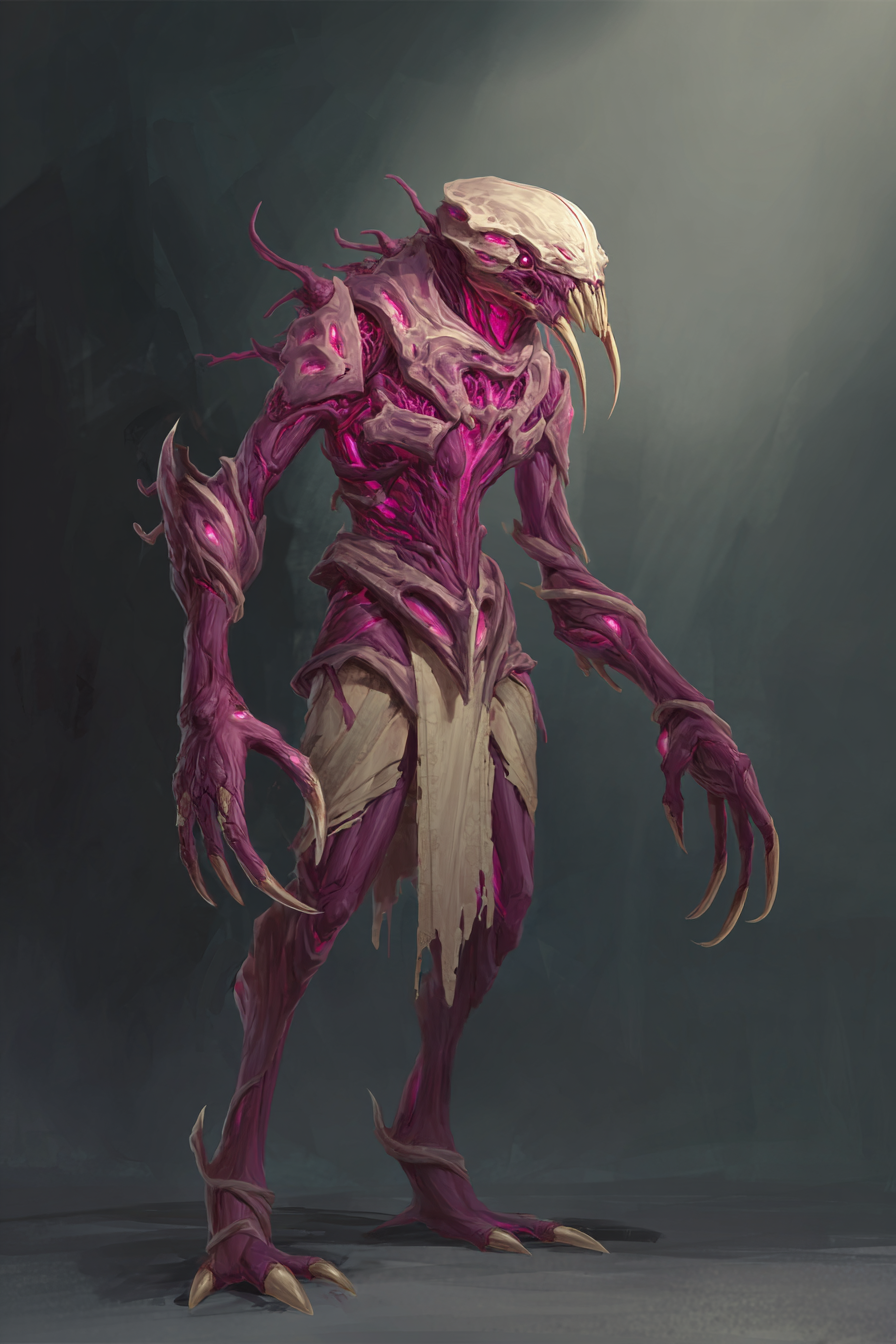 Hive convert wreathed in magenta spore bloom, bone-cream robes